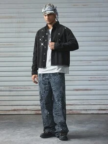 AXEPEAK Men Washed Rhinestone Denim Jacket, Brand High-End Lapel Stylish Short Jacket, Fall - Black - View 7