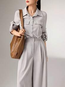 Heiryn Chemise décontractée à manches retroussées et à simple boutonnage avec design plissé et combinaison à jambes larges pour femmes, couleur unie - Gris - Voir 1