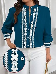 EMERY ROSE Áo sơ mi dài tay cổ và tay áo viền màu tương phản cỡ lớn mặc thường ngày/đi làm - Màu xanh ngọc - Xem 1