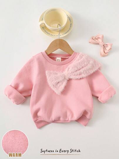 Cozy Pixies Babyflicka med plyschrosettdekor och rund halsringning, långärmad tröja, mångsidiga och bekväma höst- och vinterkläder för kvinnor