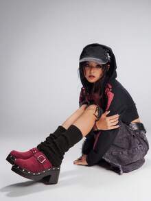 Sugerpunk 女士厚底纯酒红色扣饰高跟鞋，适合夏季 Y2K 朋克时尚街头运动哥特风格、春假复活节 - 酒紅色 - 查看 8