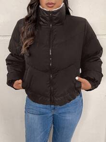 SHEIN Frenchy Damen Große Größen Warmer Langarm Lässig Gefütterte Mantel für den Winter - Kaffeebraun - Übersicht 4