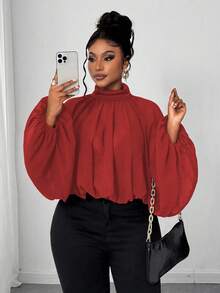 Maweii Blus Fashion Longgar Berlipit Lengan Lentera Leher Tinggi Warna Polos untuk Wanita Ukuran Plus, Warna Natal - Merah - View 2