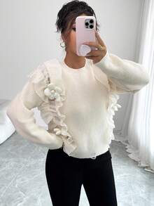 Selianne 女士优雅休闲 3D 花卉荷叶边下摆宽松针织毛衣，秋冬 - 杏色 - 查看 5