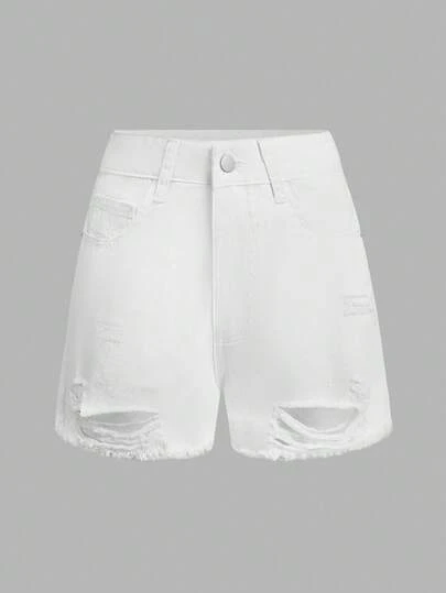 EMERY ROSE Women's Casual Fashion Street Style Minimalist Solid Color Raw Hem Ripped Denim Shorts, Summer