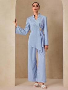 Graceveil Women's Blue & White Striped Long Sleeve Loose Casual 2 Pieces Set - Blue and White - View 3