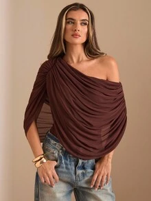 SHEIN BAE Autumn/Winter Solid Brown/Coffee Off Shoulder Ruched Fitted Elegant Bodysuit, Tight-Fitting Graceful Slim Bodysuit, Draped Top - Brown - View 5