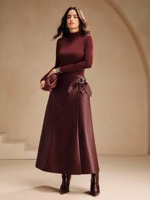 Anewsta Vestido elegante de manga larga de punto y PU para mujer en otoño/invierno, vestido ajustado de línea A largo en color burdeos, estilo streetwear, adecuado para otoño, invierno, Año Nuevo, fiestas, bodas - Burdeos - Ver 5