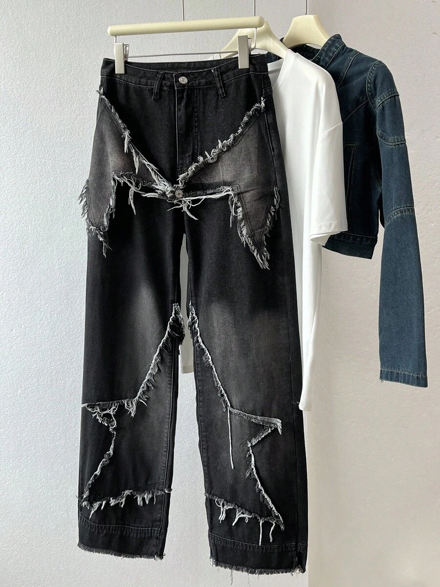 Elamini Women's Patchwork Fringe Wide Leg Loose Casual Denim Pants - Black - View 1