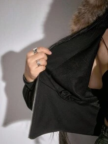 ROMWE Goth Black Graphic Y2K Subculture Retro Fitted Leopard Print Hooded Sweatshirt, Vintage Vine Print Rhinestone Embellished Plus Size Sweatshirt/Winter - Black - View 12