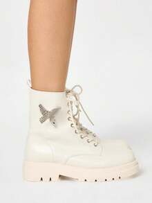 ROMWE Grunge Punk Botas de mujer con diseño de mariposa, estilo gótico, puntera redonda, tacón grueso de PU, adecuadas para fiesta, uso diario y casual