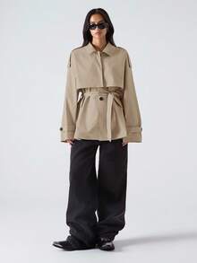 LYSMO 女式休闲单排扣收腰风衣，秋季 - 卡其色 - 查看 7