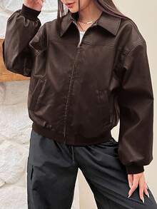 SHEIN EZwear Drop Shoulder Long Sleeve Zip Up Red PU Leather Jacket In Fall/Winter Brown Jacket Women Crop Jacket Jacket Y2k - Chocolate Brown - View 6