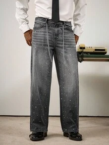 Manfinity Homme 男士休闲灰色水洗斜口袋直筒牛仔裤 - 灰色 - 查看 7