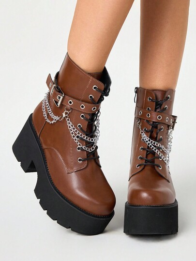 Grunge Punk Stivali alla caviglia da donna in stile punk con suola spessa e tacco chunky, stivali da combattimento con piattaforma e decorazione a catena metallica in stile gotico, comodi