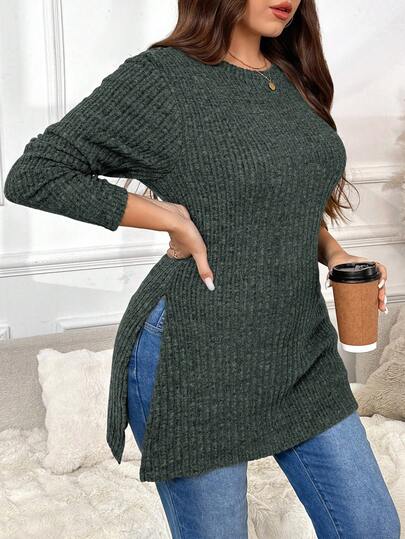 SHEIN Frenchy Plus Size Women Casual Solid Color Ribbed Long Sleeve Split Hem Fitted T-Shirt, Spring/Autumn Long Tops Women Long Sweaters For Women Green Sweater