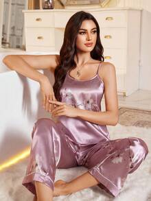 女士花卉印花吊带背心和裤子睡衣套装 - 卡其色 - 查看 5