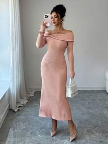 DAZY Women's Elegant Solid Color Off Shoulder 3D Floral Knitted Sweater Dress, Autumn - Pink - View 6