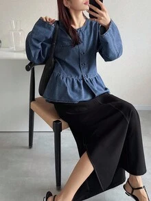 FRIFUL 女式休闲水洗牛仔荷叶边夹克