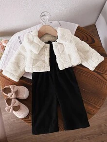 女宝宝休闲加厚抓绒格子提花连体衣套装 粉色 秋冬