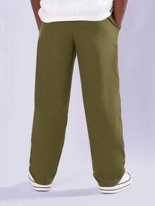 SUMWON 亚麻舒适抓绒慢跑运动裤，休闲抽绳腰直筒经典款，带侧袋，温暖冬季必备，秋季时尚日常穿着 - 軍綠色 - 查看 2