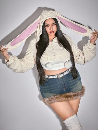 Plus Size Kawaii Plush Rabbit Soft Cropped Hoodie For Winter