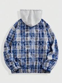 ROMWE MEN Street Life Men's Prep Plaid Print Zip-Up Casual Hoodie, For Fall - Multicolor - View 2