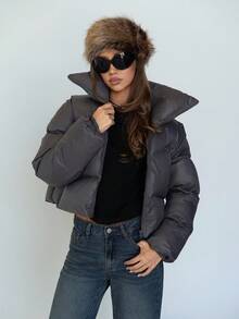 SHEIN ICON Y2k Women's Grey Fashion Versatile Solid Color Stand Collar Cropped Jacket, Padded Coat Winter - Grey - View 1