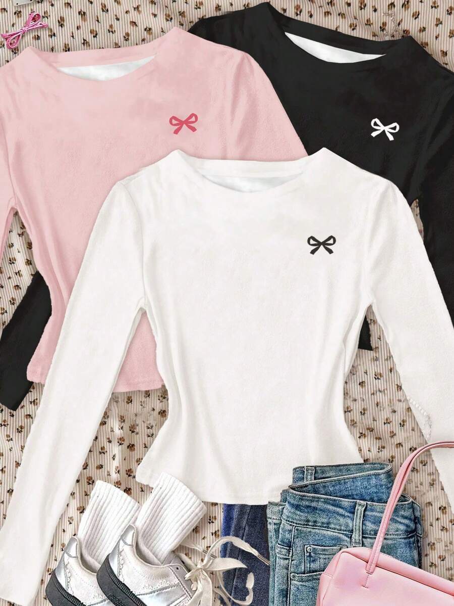 SHEIN 3 件套 Tween 女童修身休闲简约蝴蝶结装饰圆领长袖短款 T 恤，奶油白色、奶油粉色、深黑色，适合秋冬季 - 彩色 - 查看 1