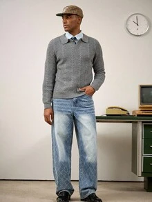 RivetRise 时尚菱形钩针男士直筒牛仔裤 - 藍色 - 查看 4