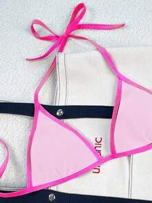 Swim Basics ملابس شاطئ صيفية للنساء، بيكيني بياقة حلقة مع لون متباين وربطة جانبية للجزء السفلي، مقاس عادي