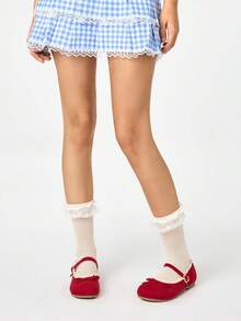 ROMWE Kawaii 女士棕色乐福鞋、包头玛丽珍鞋、蝴蝶结蕾丝洛丽塔平底鞋、芭蕾平底鞋 - 紅色 - 查看 2