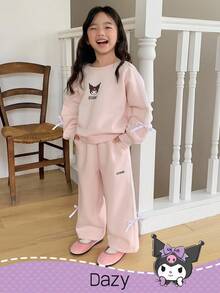 DAZY HELLO KITTY AND FRIENDS | SHEIN 少女圆领卡通图案针织卫衣和裤子套装，秋季 - 粉色 - 查看 4