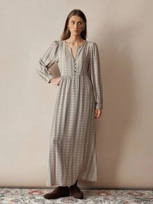 Florisole Váy họa tiết hoa đi nghỉ thường ngày dành cho nữ - Màu Khaki - Xem 5