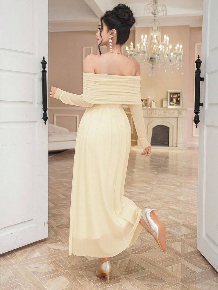 Elegant Solid Color Off Shoulder Pleated Long Dress For Women, Autumn Maxi Dress