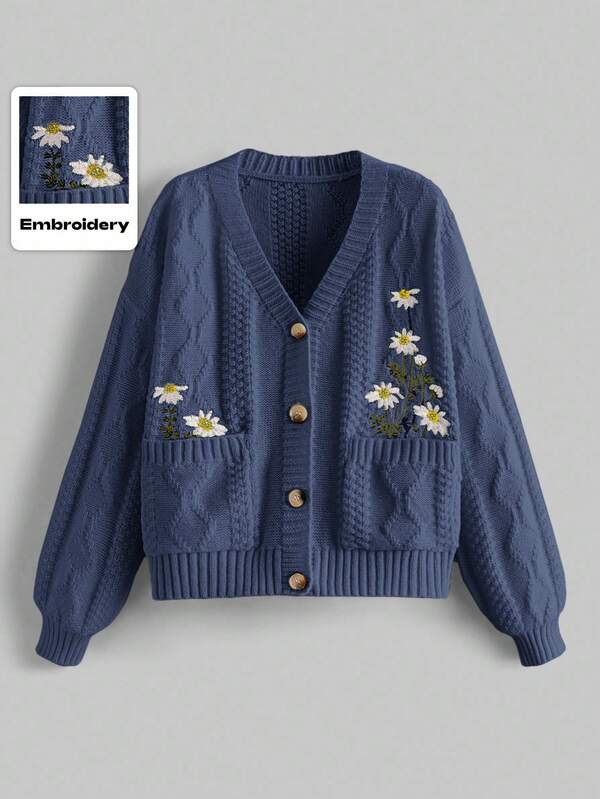 ROMWE Fairycore Women's Floral Embroidery Decor Long Sleeve Knit Cardigan