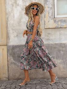 Brillora 熱帶圖案吊帶上衣和高衩半身裙 - 藕粉色 - 查看 7