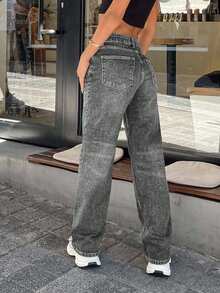 EURMUSE 96% CottonSTRAIGHT LEG MID WAIST JEANS - Grey - View 2