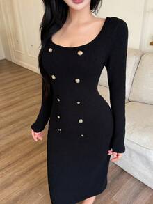 SHEIN LUNE Vintage Solid Color Square Neck Knitted Cinched Waist Versatile Dress, Autumn/Winter - Black - View 5