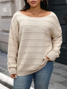 SHEIN CURVE+ 大码女款大码圆领宽松针织毛衣，简约风格，适合度假和休闲穿着，适合秋冬季、万圣节、圣诞节、返校季 - 杏色 - 查看 5