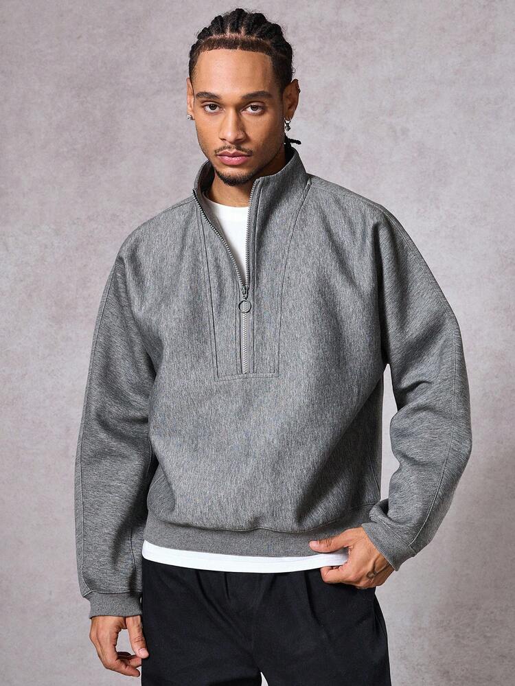 Men's Grey Half-Zip Front Pullover Sweatshirt, Sturdy Fabric, Autumn