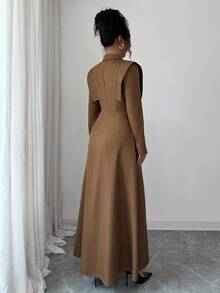 Elenzga Váy chữ A thanh lịch, cổ chéo, eo thắt eo, thiết kế hoa kim loại, phù hợp để đi làm, mùa thu/đông, màu nâu - màu nâu - Xem 2