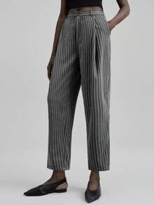 Ontre 2025 Women's Grey Striped Pants,Business Casual Summer Office Wear,Black & White Striped,All Seasons Autumn/Winter,Halloween Christmas Oktoberfest,3/4 - Black and White - View 5