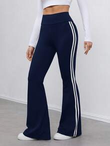 SHEIN Tall 纯黑色高弹针织侧缝白色织带紧身裤，适合秋冬季 - 藏蓝色 - 查看 2