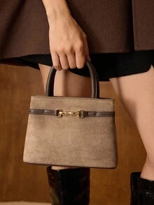 MOTF PREMIUM 通勤时尚纯色鳄鱼压纹金属扣装饰手提包，女士优雅包 - 淺灰色 - 查看 8