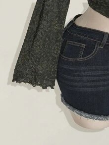 SHEIN ICON 大码斜肩网纱透视针织T恤，军绿色提花网纱透视长袖上衣，Y2K复古针织衫，适合秋季穿着 - 軍綠色 - 查看 6