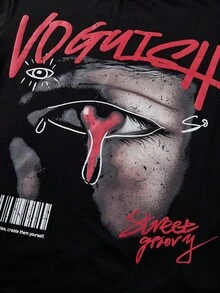 Camiseta suelta de cuello redondo con mangas de color contrastante y estampado casual para adolescentes