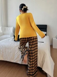 SHEIN Women's Casual Contrast Color Lace Trim Plaid Pajama Set, Fall Clothes