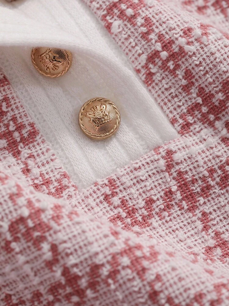 Colorblock Polo Collar Short Sleeve T-Shirt With Decorative Trim Plaid