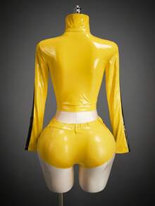 SHEIN ICON Women's Autumn And Winter Halloween COS Costume Sexy Avant-Garde Fashion Retro Yellow And Black Contrast Leather Stitching Slim-Fit Cropped Jacket Low Waist Shorts Suit - Yellow - View 13